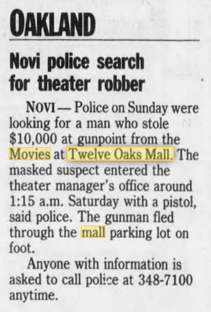 Movies at Twelve Oaks - Robbery Report July 15 1991